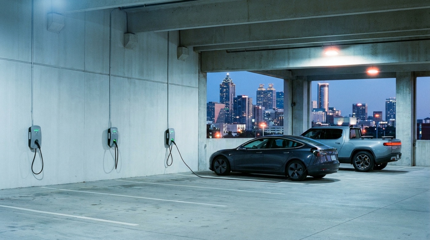 EV chargers in an Atlanta apartment parking deck at evening, downtown skyline visible
