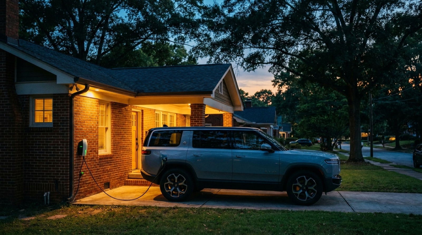 Electric SUV charging from a wall-mounted Level 2 charger at a brick Atlanta bungalow at dusk