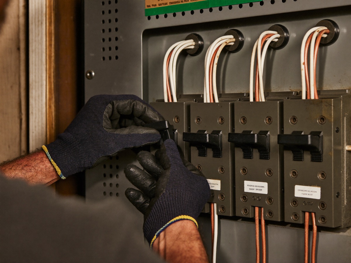 Electrician working in an aging breaker panel, the single biggest cost variable in an Atlanta install