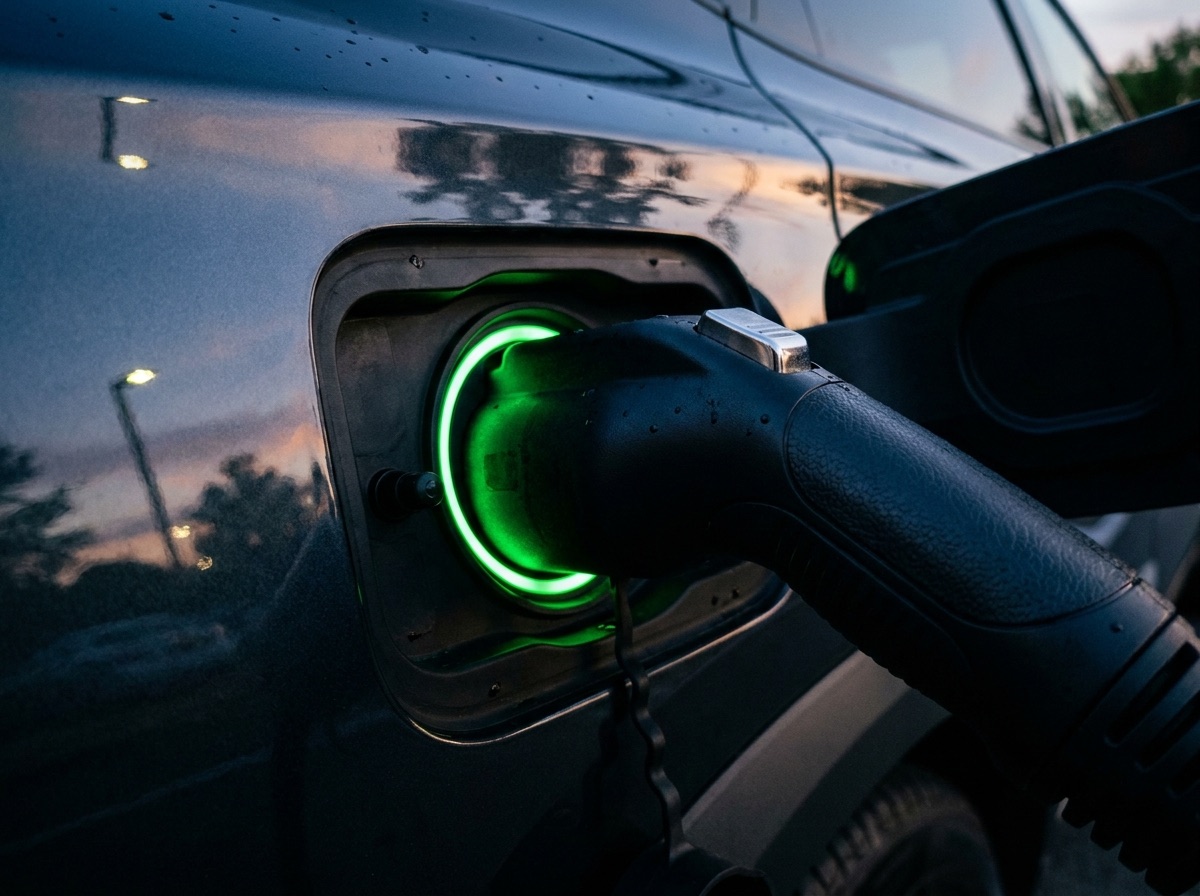 Charging connector locked into an EV charge port at dusk, green ring lit